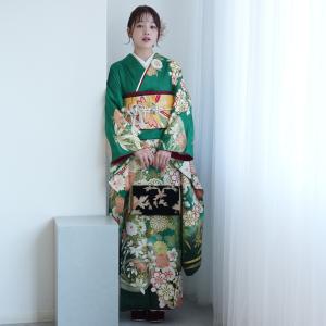 振袖 レンタル 成人式 21点セット レトロ 結婚式 結納 前撮り 成人式セット 花 緑系 正絹 グリーンのアンティーク花