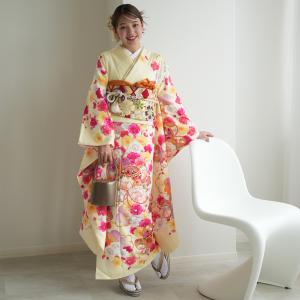 振袖 レンタル 成人式 21点セット レトロ 結婚式 結納 前撮り 成人式セット 黄色 ピンク 正絹 パステルイエローに鮮やか花