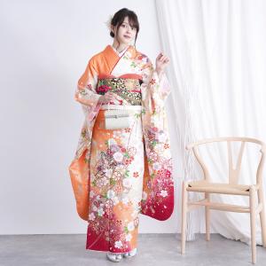 振袖 レンタル 成人式 21点セット レトロ 結婚式 結納 前撮り 成人式セット 御所車 オレンジ系 正絹 オレンジのぼかし花