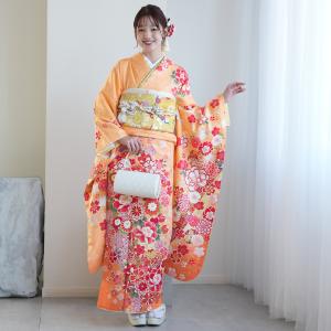 振袖 レンタル 成人式 21点セット レトロ 古典 結婚式 結納 前撮り スタジオ 花 オレンジ系 正絹 オレンジの牡丹