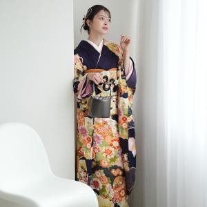 振袖 レンタル 成人式 21点セット レトロ 結婚式 結納 前撮り 成人式セット 花 紺系 正絹 紫紺の雲取