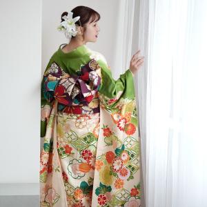 振袖 レンタル 成人式 21点セット レトロ 古典 結婚式 結納 前撮り 振袖セット 緑系 正絹 緑に七宝と梅
