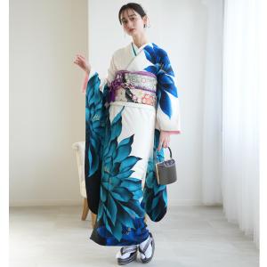振袖 レンタル 成人式 レトロ 前撮り 二十歳 フルセット 振袖セット モード 辛口 青系 正絹 白に映えるブルーの大牡丹