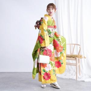 振袖 レンタル 成人式 レトロ 古典 結婚式 結納 前撮り 成人式セット 桜 緑系 正絹 黄色と緑にレトロ花