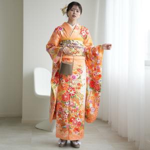 振袖 レンタル 成人式 21点セット レトロ 古典 結婚式 結納 前撮り 成人式セット 花 正絹 淡オレンジに古典柄