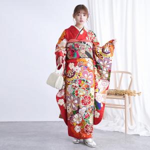 振袖 レンタル 成人式 21点セット レトロ 振袖セット 花 赤系 正絹 赤のレトロモダン