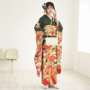 振袖 レンタル 成人式 21点セット レトロ 古典 結婚式 結納 前撮り 成人式セット 花くす玉 緑系 正絹 シックなグリーンの古典柄