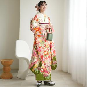 振袖 レンタル 成人式 21点セット レトロ 古典 結婚式 結納 前撮り 成人式セット 花 正絹 グリーンとオレンジの古典花