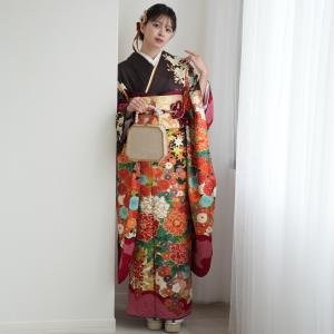 振袖 レンタル 成人式 21点セット レトロ 古典 結婚式 結納 前撮り 振袖セット 花 茶系 正絹 茶色と古典赤モダン