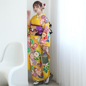 振袖 レンタル 成人式 21点セット レトロ 古典 結婚式 結納 前撮り 成人式セット 花 黄系 正絹 黄色に映えるレトロ花