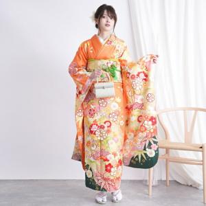 振袖 レンタル 成人式 21点セット レトロ 結婚式 結納 前撮り 成人式セット 花 オレンジ系 正絹 オレンジと緑に花