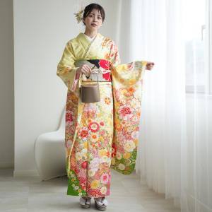 振袖 レンタル 成人式 21点セット レトロ 結婚式 結納 前撮り 成人式セット 花 黄系 正絹 淡イエロー花づくし