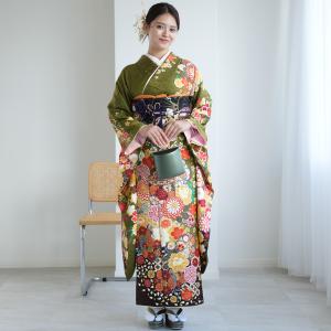振袖 レンタル 成人式 21点セット レトロ 結婚式 結納 前撮り 振袖セット 花 緑系 正絹 抹茶グリーンモダン