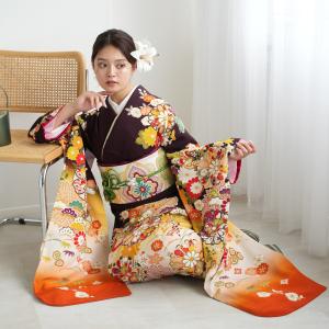 振袖 レンタル 成人式 21点セット レトロ 結婚式 結納 前撮り 大人 辛口 成人式セット 濃紫系 正絹 紫オレンジぼかしモダン