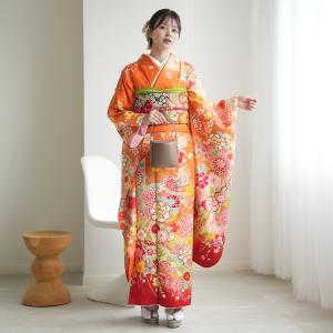 振袖 レンタル 成人式 21点セット レトロ 結婚式 結納 前撮り 成人式セット 花 オレンジ系 正絹 オレンジねじり梅紅葉 ※2026年12月〜2027年1月予約空きなし