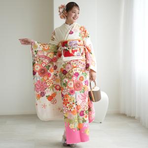 振袖 レンタル 成人式 21点セット レトロ 結納 前撮り 成人式セット 正絹 白ピンクの扇面花づくし