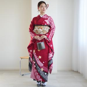 振袖 レンタル 成人式 21点セット 古典 レトロ 結婚式 結納 前撮り 大人 成人式セット 花 赤系 正絹 レトロ赤黒絞り柄
