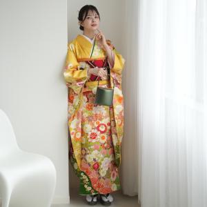 振袖 レンタル 成人式 21点セット レトロ 古典 結婚式 結納 前撮り 成人式セット 花 黄系 正絹 黄色とグリーンの古典柄