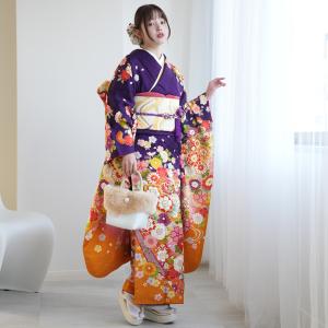 振袖 レンタル 成人式 21点セット レトロ 古典 結婚式 結納 前撮り 成人式セット 花 紫系 正絹 鮮やか紫とオレンジ
