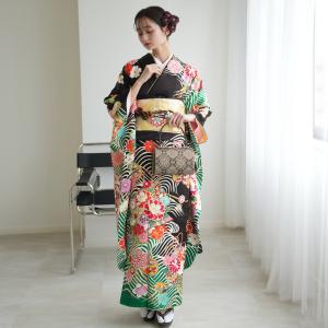 振袖 レンタル 成人式 21点セット レトロ 古典 結婚式 結納 前撮り モード 大人 成人式セット 花 正絹 茶色と緑の波モダン