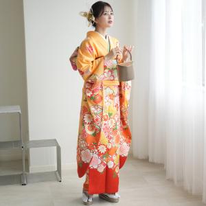 振袖 レンタル 成人式 21点セット レトロ 古典 結婚式 結納 前撮り 成人式セット 花 オレンジ系 正絹 ぼかしオレンジに梅七宝