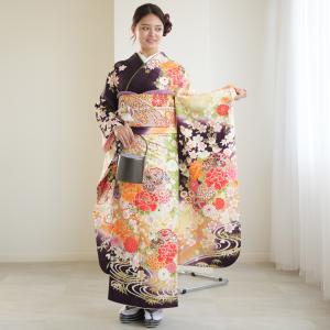 振袖 レンタル 成人式 21点セット レトロ 古典 結婚式 結納 前撮り 成人式セット 花 濃紫系 正絹 紫グリーンの溶け合うモダン