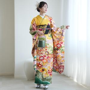 振袖 レンタル 成人式 21点セット レトロ 古典 結婚式 結納 前撮り 振袖セット 花 黄系 正絹 華イエローとグリーン古典