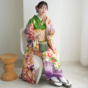 振袖 レンタル 成人式 21点セット レトロ 古典 結婚式 結納 前撮り 振袖セット 花 緑系 正絹 緑と紫の豪華な松古典