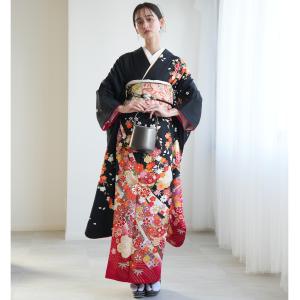 振袖 レンタル 成人式 セット レトロ 結婚式 フォーマル 花 黒系 正絹 黒と赤の流れる古典 ※2026年12月〜2027年1月予約空きなし
