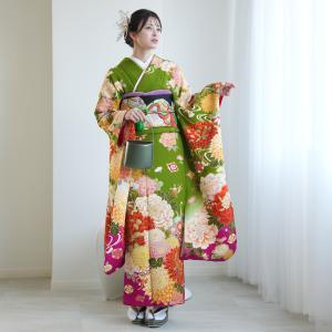 振袖 レンタル 成人式 21点セット レトロ 振袖セット フルセット 結婚式 フォーマル 花 緑系 正絹 グリーンとピンクの花乙女