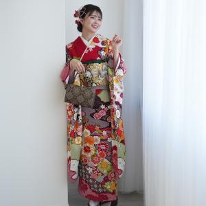 振袖 レンタル 成人式 21点セット レトロ 振袖セット 結婚式 結納 花 赤系 正絹 赤と紫と抹茶のモダン