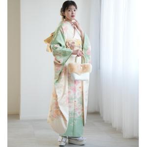 振袖 レンタル 成人式 21点セット レトロ アンティーク風 結婚式 結納 前撮り 緑系 正絹 ペリドットとクリームの浪漫花