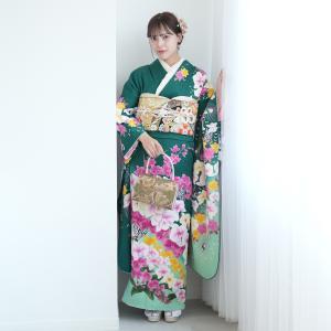 振袖 レンタル 成人式 21点セット レトロ 古典 平成レトロ 結婚式 結納 前撮り 成人式セット 緑系 正絹 緑の胡蝶蘭