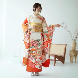 振袖 レンタル 成人式 21点セット レトロ 古典 成人式セット 結婚式 結納 前撮り オレンジ系 正絹 クリームと朱赤の吉祥柄
