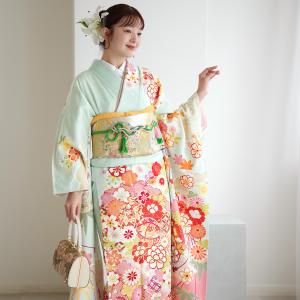 振袖 レンタル 成人式 21点セット 古典 レトロ アンティーク系 結婚式 結納 前撮り 成人式セット 花 水色系 正絹 淡いミントの古典柄