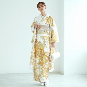 振袖 レンタル 成人式 セット 桂由美 YUMI KATSURA 古典 レトロ アンティーク系 白系 正絹 モード純白とゴールドの牡丹 ※2026年12月〜2027年1月予約空きなし