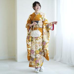 レンタル 振袖 成人式 結婚式 21点セット 古典柄 レトロ 花 からし系 牡丹 菊 桜 正絹 結納 正絹 からしの豪華な古典柄