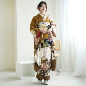 レンタル 振袖 成人式 結婚式 セット 古典柄 レトロ アンティーク系 正絹 フォーマル 結納 茶 ブラウン 桑茶色に浪漫花 ※2026年12月〜2027年1月予約空きなし