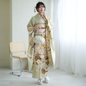 レンタル 振袖 成人式 結婚式 21点セット 古典柄 レトロ 花 緑系 牡丹 菊 桜 正絹 フォーマル 結納 白緑に豪華な古典柄