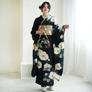 レンタル 振袖 成人式 21点セット 古典柄 レトロ アンティーク系 結婚式 結納 花 正絹 黒系 ホワイトの椿 ※2027年1月ご予約空きなし