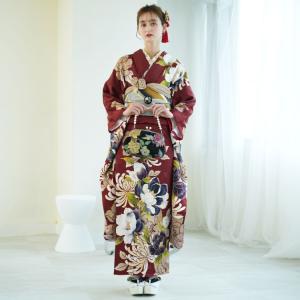 レンタル 振袖 成人式 結婚式 21点セット 古典柄 レトロ アンティーク系 花 えんじ系 菊 正絹 結納 葡萄茶にレトロ牡丹 ※2027年1月ご予約空きなし