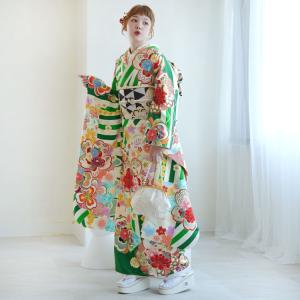 レンタル 振袖 成人式 21点セット 古典柄 レトロ アンティーク系 結婚式 結納 花 正絹 緑系 グリーンの縞々ジャパネスク