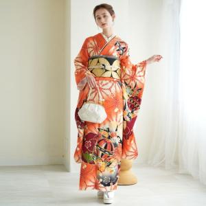 レンタル 振袖 成人式 21点セット 古典柄 レトロ アンティーク系 結婚式 結納 花 正絹 絵羽 大正浪漫オレンジの麻の葉と鞠