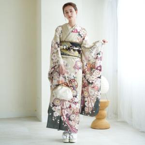 レンタル 振袖 成人式 21点セット 古典柄 レトロ アンティーク系 結婚式 結納 前撮り ニュアンスカラー 正絹 柳鼠に花結び