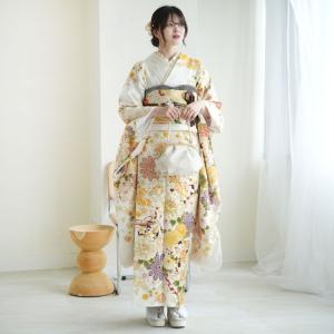 レンタル 振袖 成人式 21点セット 古典柄 レトロ アンティーク系 結婚式 結納 花 正絹 オフホワイトに淡黄の梅 ※2026年12月〜2027年1月予約空きなし