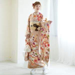 レンタル 振袖 成人式 21点セット 古典柄 レトロ アンティーク系 結婚式 結納 花 正絹 ピンクベージュ