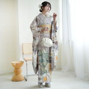 レンタル 振袖 成人式 21点セット 古典柄 レトロ アンティーク系 結婚式 結納 花 正絹 二暁鼠に豪華な牡丹 ※2026年9月・12月・2027年1月ご予約空きなし