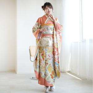 レンタル 振袖 成人式 正絹着物+袋帯 21点セット 絵羽 結婚式 結納 前撮り サーモンピンク系 菊 金彩 レトロ ※2026年12月~2027年1月予約空きなし