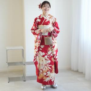 レンタル 振袖 成人式 正絹着物 正絹袋帯 21点セット 絵羽 赤にレトロ梅と笹松葉 着物セット 女性 結婚式 結納 前撮り