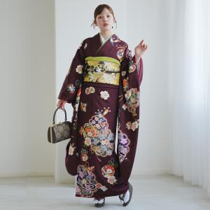 レンタル 振袖 正絹着物+袋帯 21点セット 絵羽 ボルドーに古典花結び 着物セット 成人式 結婚式 前撮り 20歳 20才 二十歳 二十才